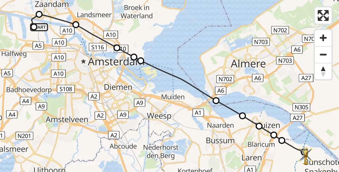 Vluchtroute Traumahelikopter van Amsterdam Heliport naar Eemdijk
