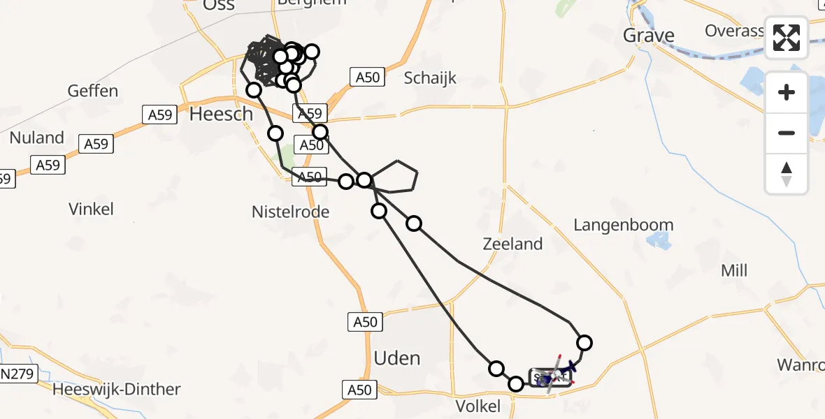 Vluchtroute Politiehelikopter van Vliegbasis Volkel naar Vliegbasis Volkel