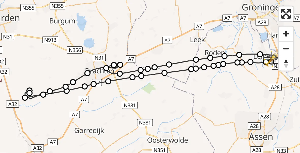 Vluchtroute Traumahelikopter van Groningen Airport Eelde naar Groningen Airport Eelde