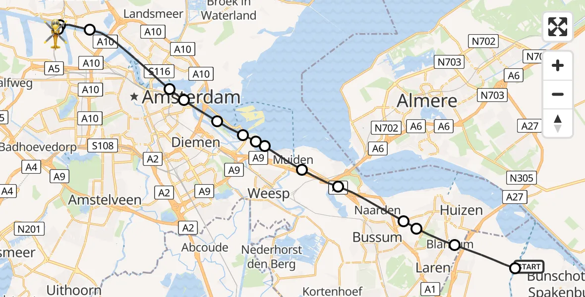 Vluchtroute Traumahelikopter van Eemdijk naar Amsterdam Heliport