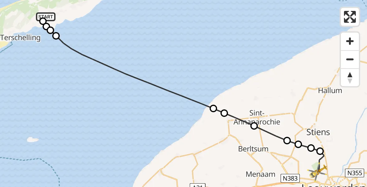 Vluchtroute Ambulancehelikopter van Terschelling Heliport naar Vliegbasis Leeuwarden