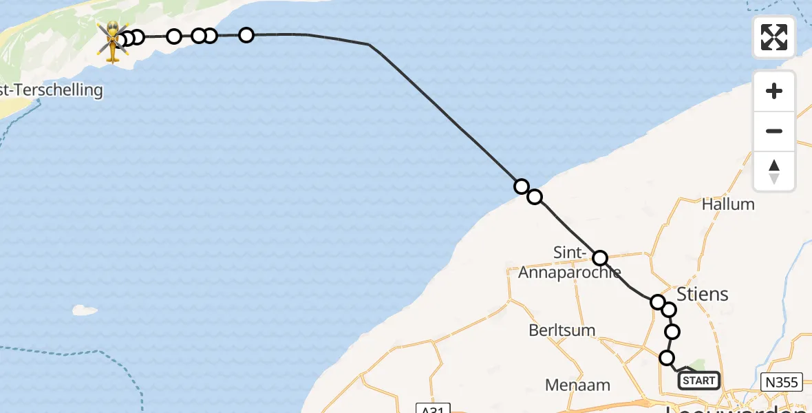 Vluchtroute Ambulancehelikopter van Vliegbasis Leeuwarden naar Terschelling Heliport