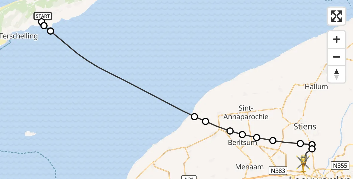 Vluchtroute Ambulancehelikopter van Terschelling Heliport naar Vliegbasis Leeuwarden
