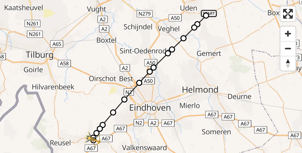 Vluchtroute Traumahelikopter van Vliegbasis Volkel naar Duizel