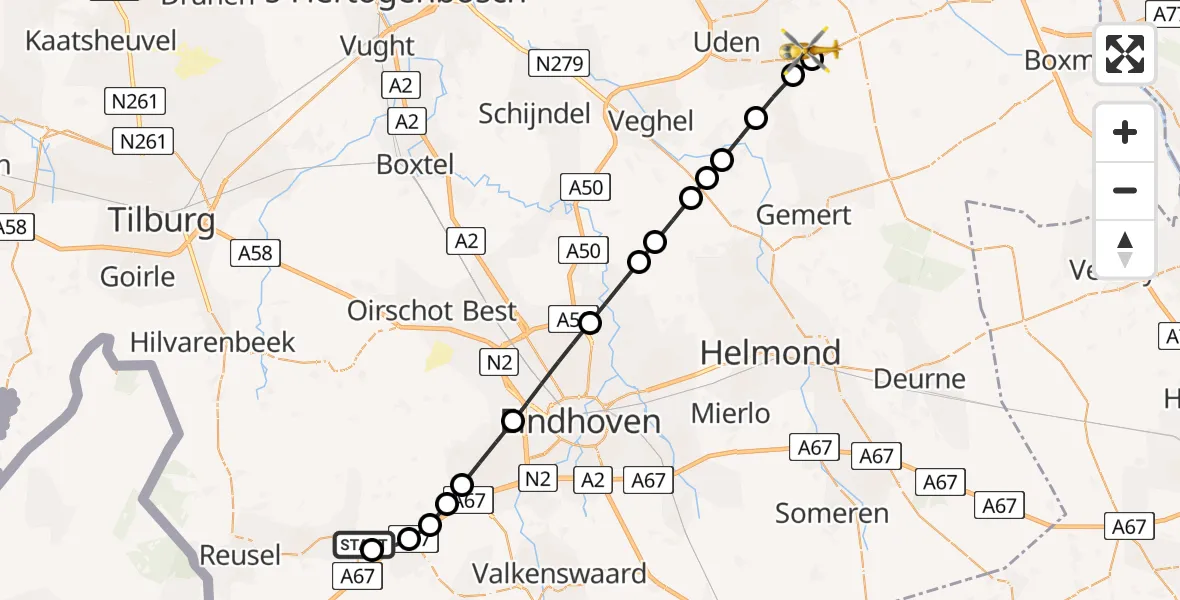 Vluchtroute Traumahelikopter van Hapert naar Vliegbasis Volkel