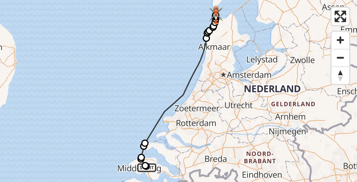 Vluchtroute Kustwachthelikopter van Vliegveld Midden-Zeeland naar Militair vliegveld De Kooy / Den Helder Airport