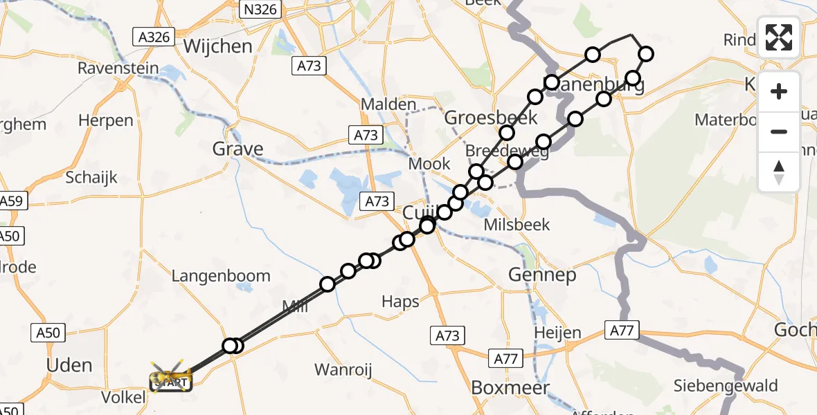 Vluchtroute Traumahelikopter van Vliegbasis Volkel naar Vliegbasis Volkel