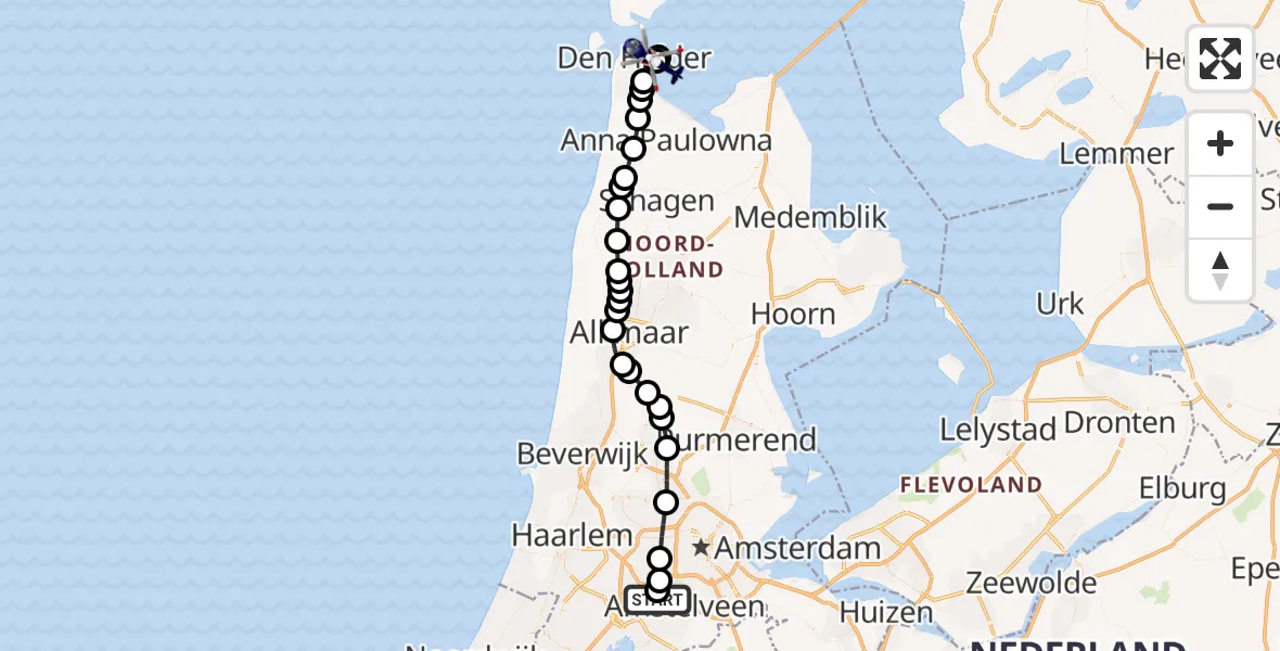 Vluchtroute Politiehelikopter van Amsterdam Vliegveld Schiphol naar Den Helder