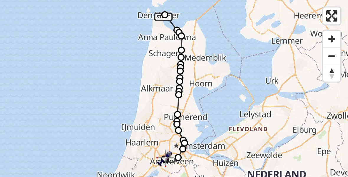 Vluchtroute Politiehelikopter van Den Helder naar Amsterdam Vliegveld Schiphol