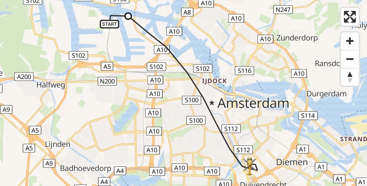 Vluchtroute Traumahelikopter van Amsterdam Heliport naar Amsterdam