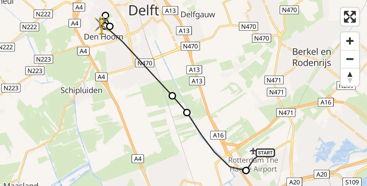 Vluchtroute Traumahelikopter van Rotterdam The Hague Airport naar Den Hoorn