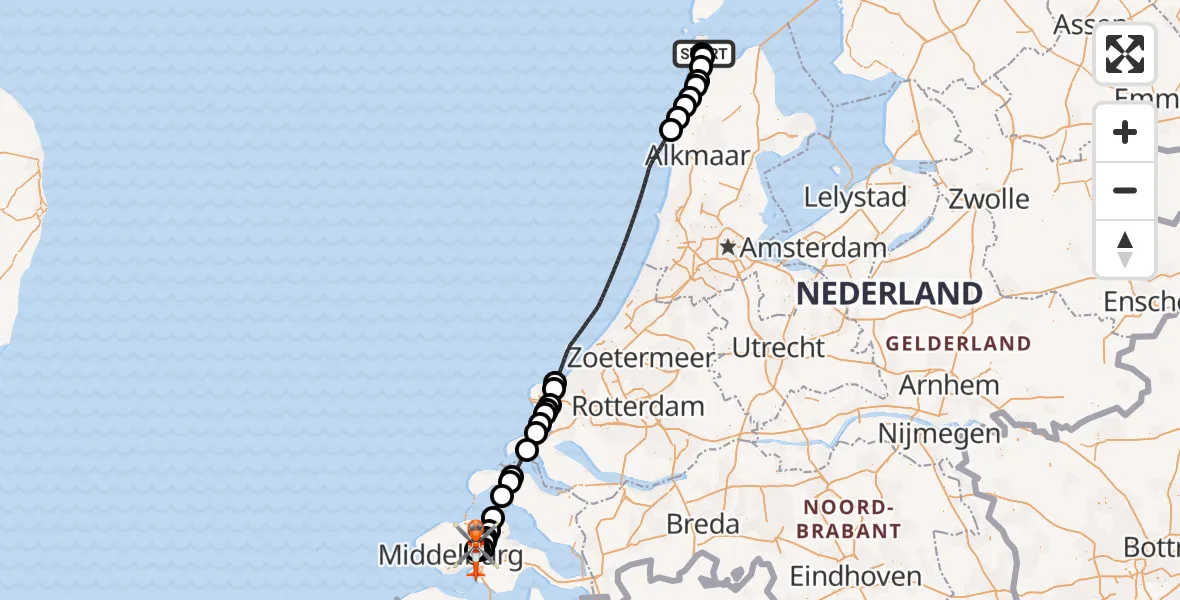 Vluchtroute Kustwachthelikopter van Militair vliegveld De Kooy / Den Helder Airport naar Vliegveld Midden-Zeeland