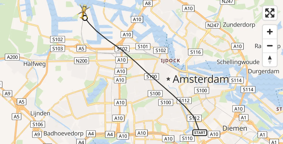 Vluchtroute Traumahelikopter van Amsterdam naar Amsterdam Heliport
