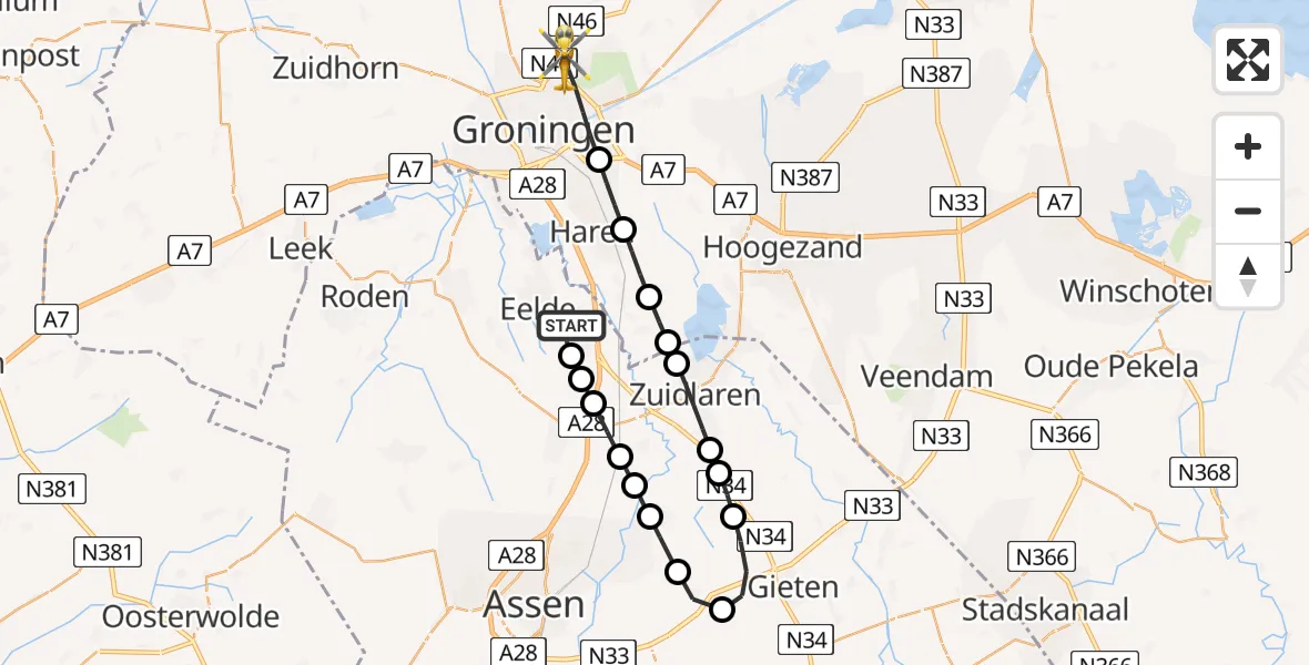 Vluchtroute Traumahelikopter van Groningen Airport Eelde naar Groningen