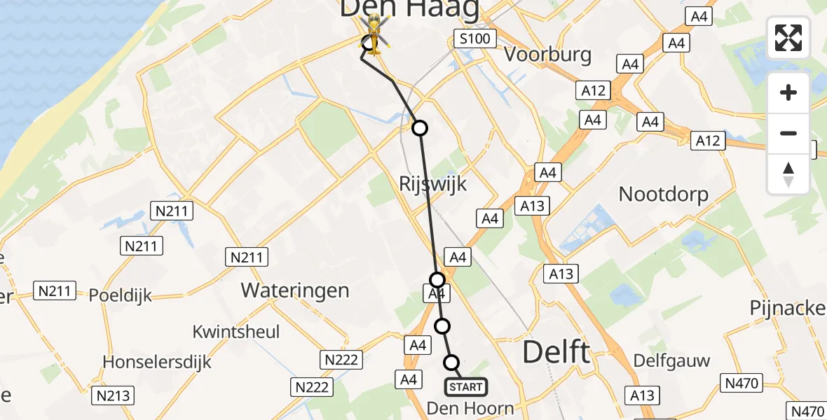 Vluchtroute Traumahelikopter van Den Hoorn naar HMC Westeinde Heliport