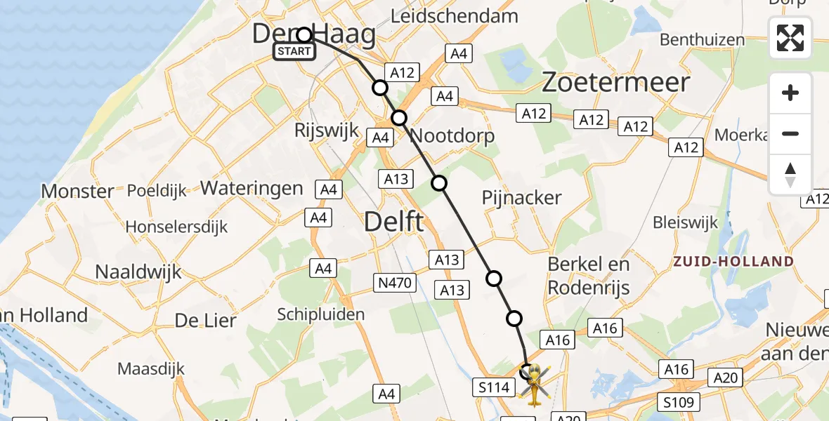 Vluchtroute Traumahelikopter van HMC Westeinde Heliport naar Rotterdam The Hague Airport