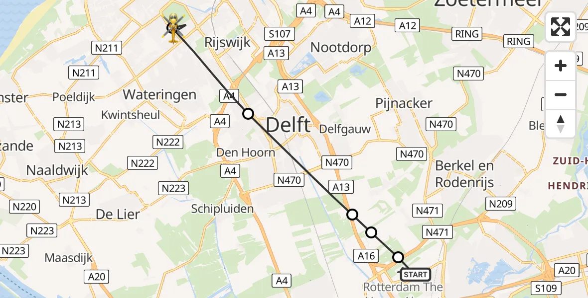 Vluchtroute Traumahelikopter van Rotterdam The Hague Airport naar Den Haag