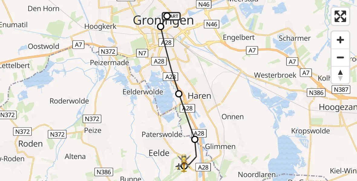 Vluchtroute Traumahelikopter van Universitair Medisch Centrum Groningen naar Groningen Airport Eelde