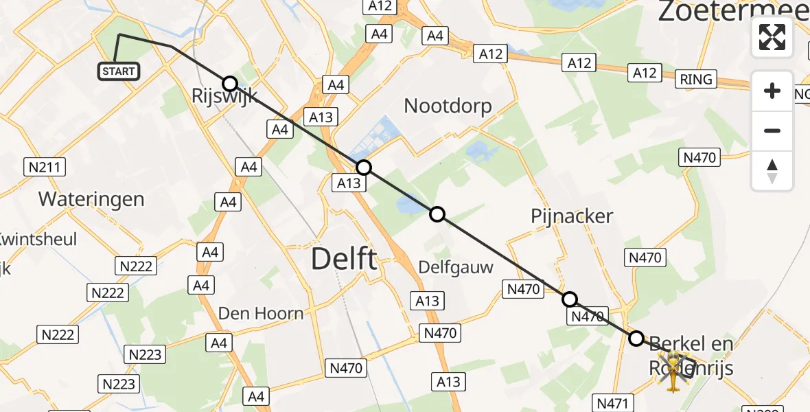 Vluchtroute Traumahelikopter van Den Haag naar Berkel en Rodenrijs