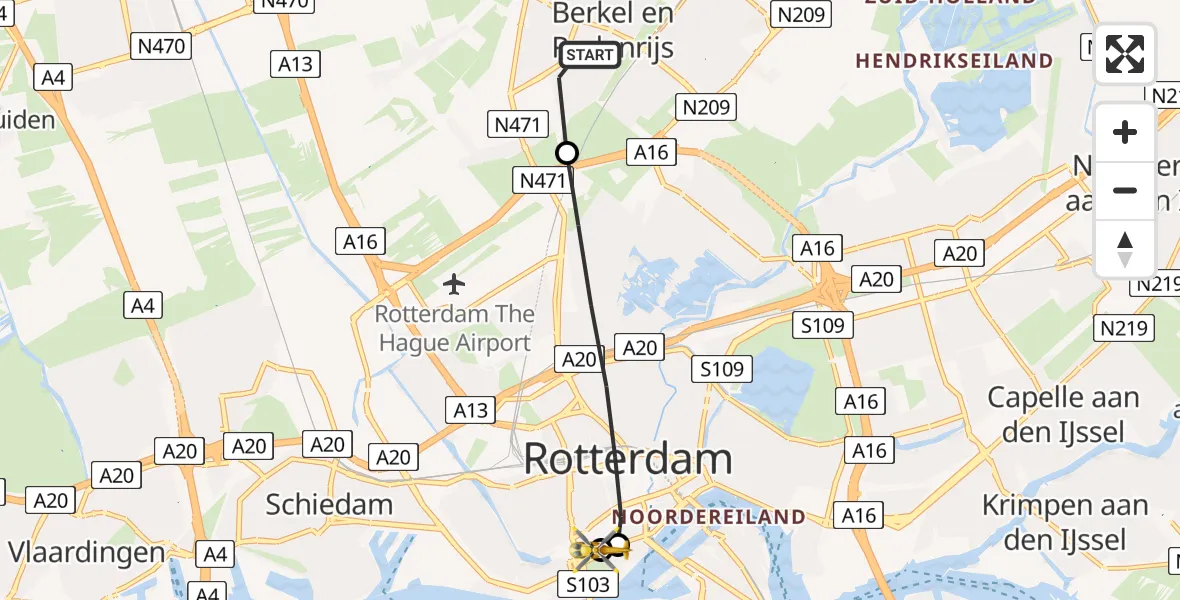 Vluchtroute Traumahelikopter van Berkel en Rodenrijs naar Leids Universitair Medisch Centrum (LUMC)