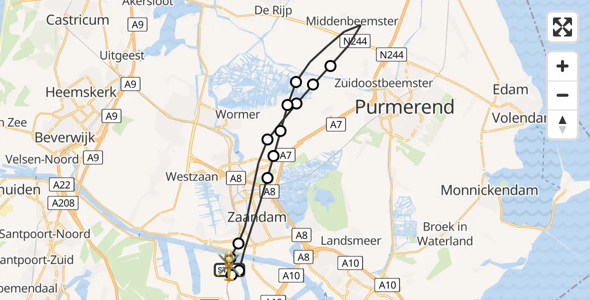Vluchtroute Traumahelikopter van Amsterdam Heliport naar Amsterdam Heliport