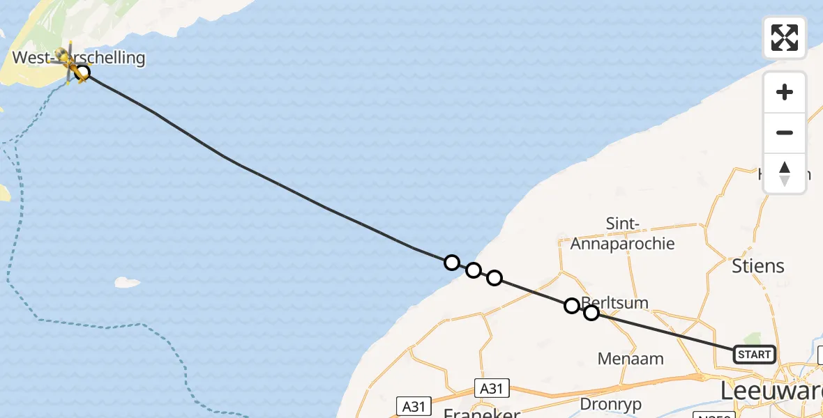 Vluchtroute Ambulancehelikopter van Vliegbasis Leeuwarden naar West-Terschelling