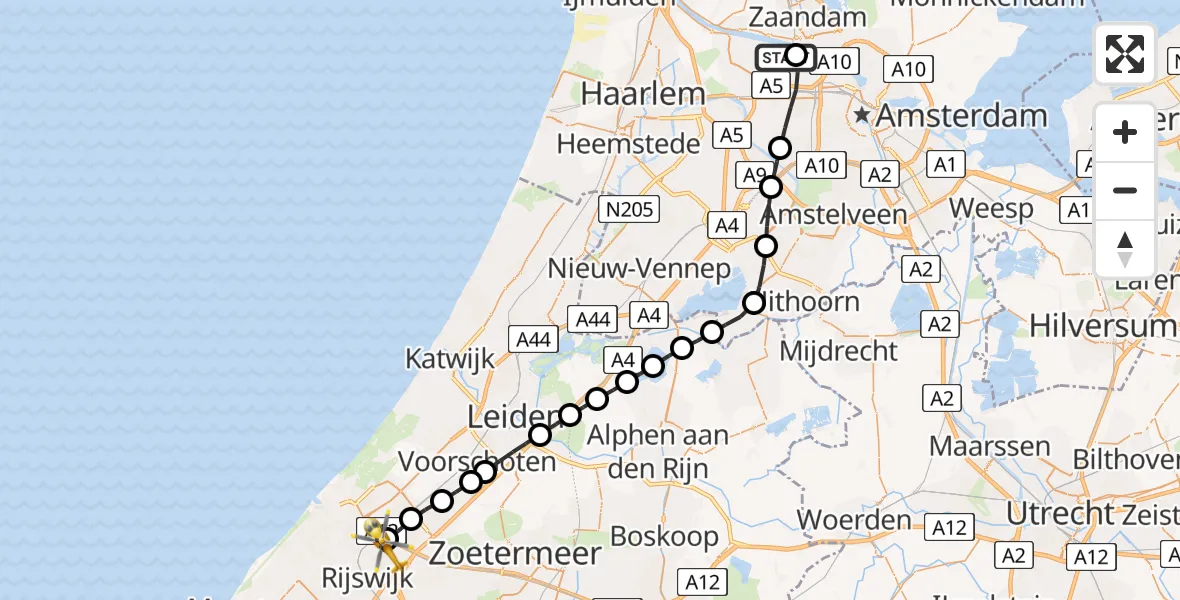 Vluchtroute Traumahelikopter van Amsterdam Heliport naar Den Haag