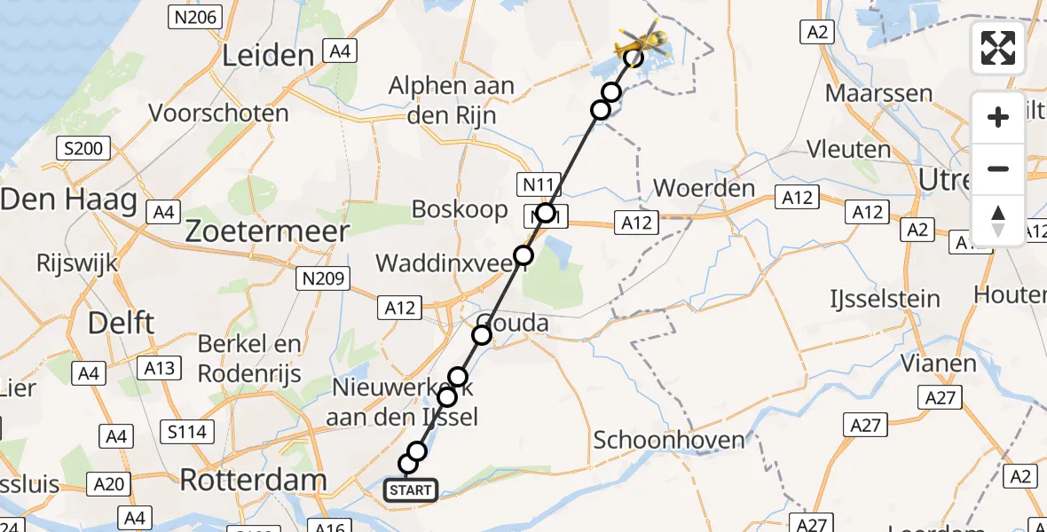 Vluchtroute Traumahelikopter van Krimpen aan den IJssel naar Noorden