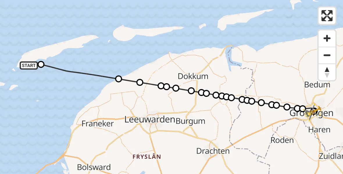 Vluchtroute Ambulancehelikopter van West-Terschelling naar Universitair Medisch Centrum Groningen