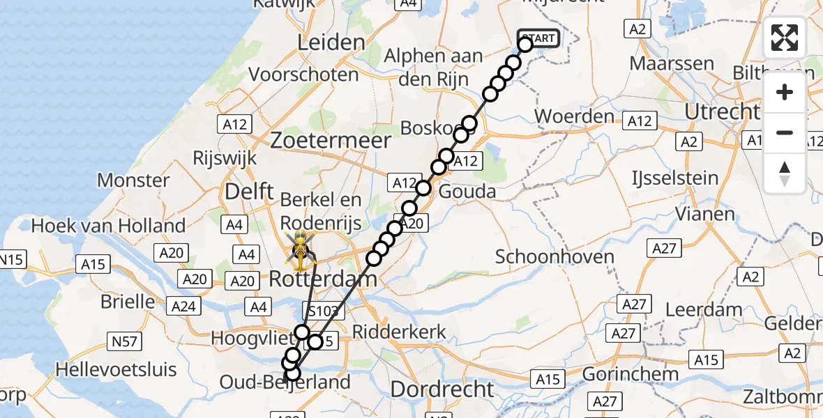 Vluchtroute Traumahelikopter van Noorden naar Rotterdam The Hague Airport