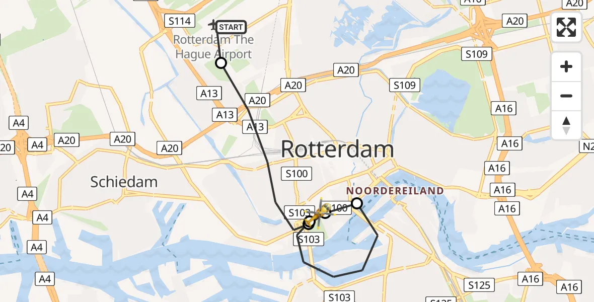 Vluchtroute Traumahelikopter van Rotterdam The Hague Airport naar Erasmus MC