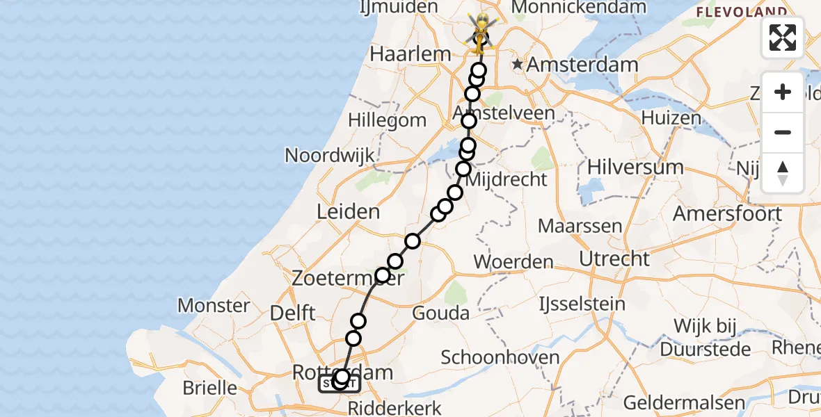 Vluchtroute Traumahelikopter van Leids Universitair Medisch Centrum (LUMC) naar Amsterdam Heliport