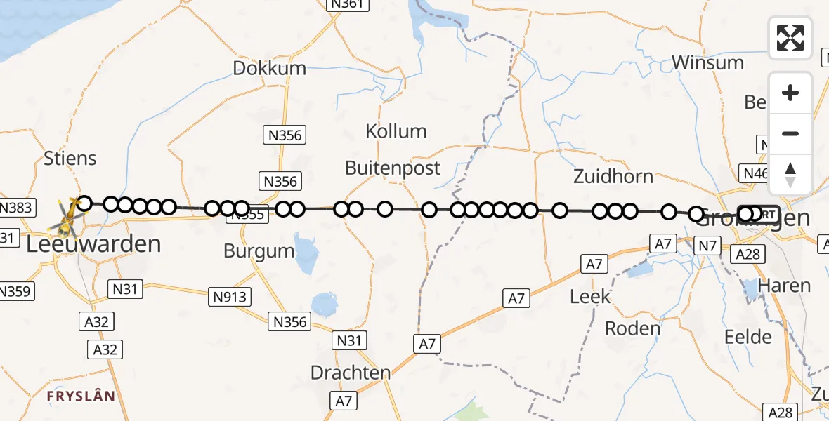 Vluchtroute Ambulancehelikopter van Universitair Medisch Centrum Groningen naar Vliegbasis Leeuwarden