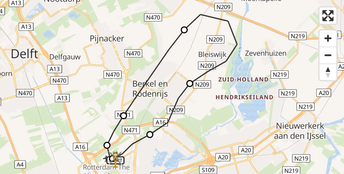 Vluchtroute Traumahelikopter van Rotterdam The Hague Airport naar Rotterdam The Hague Airport