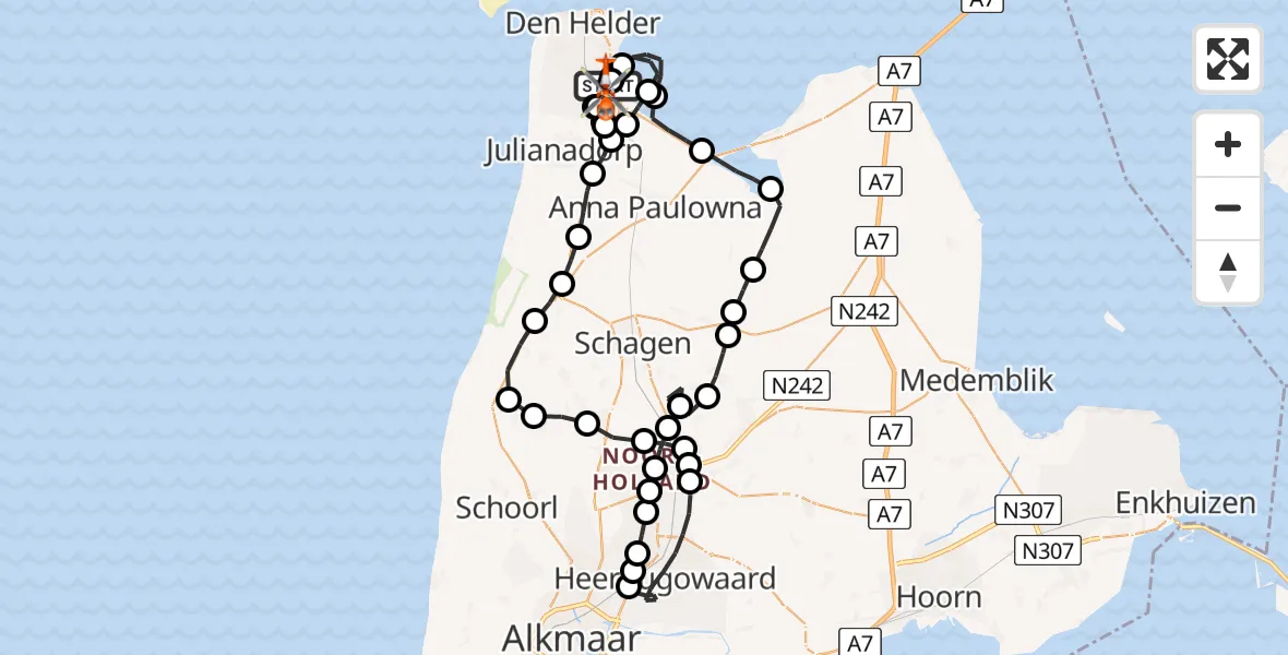 Vluchtroute Kustwachthelikopter van Militair vliegveld De Kooy / Den Helder Airport naar Militair vliegveld De Kooy / Den Helder Airport