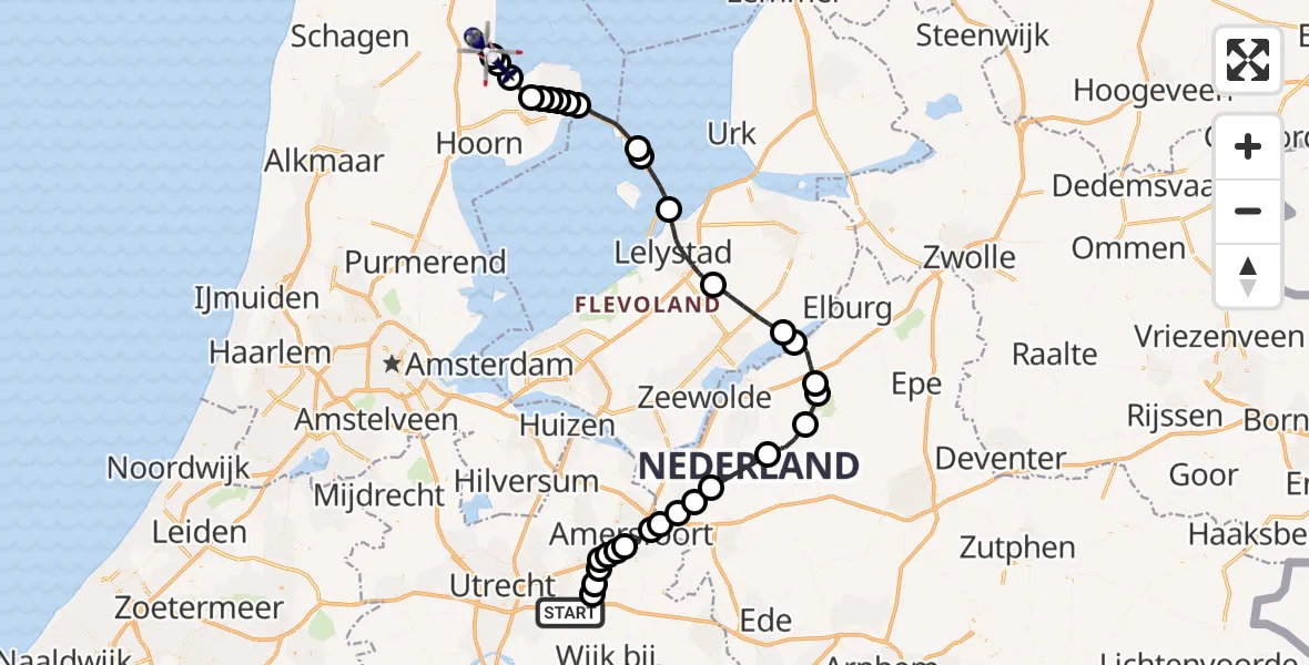 Vluchtroute Politiehelikopter van Driebergen-Rijsenburg naar Medemblik