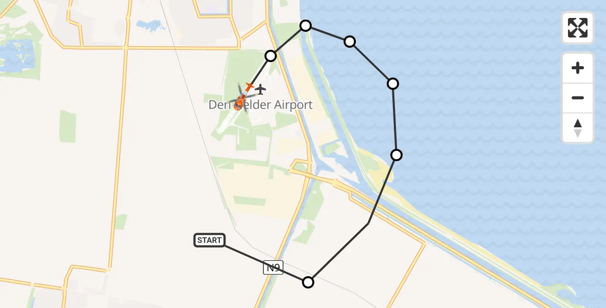 Vluchtroute Kustwachthelikopter van Julianadorp naar Militair vliegveld De Kooy / Den Helder Airport