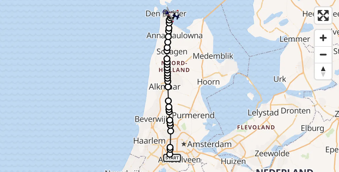 Vluchtroute Politiehelikopter van Amsterdam Vliegveld Schiphol naar Den Helder