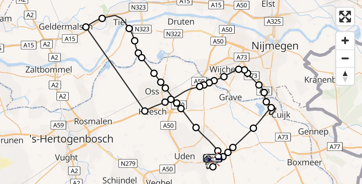 Vluchtroute Politiehelikopter van Vliegbasis Volkel naar Vliegbasis Volkel