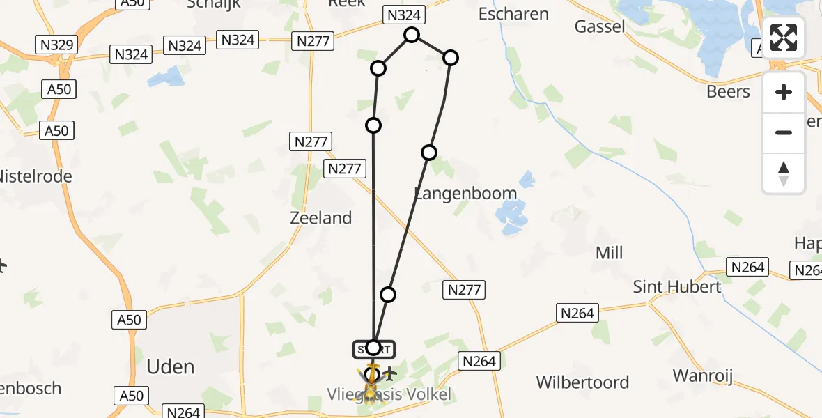 Vluchtroute Traumahelikopter van Vliegbasis Volkel naar Vliegbasis Volkel