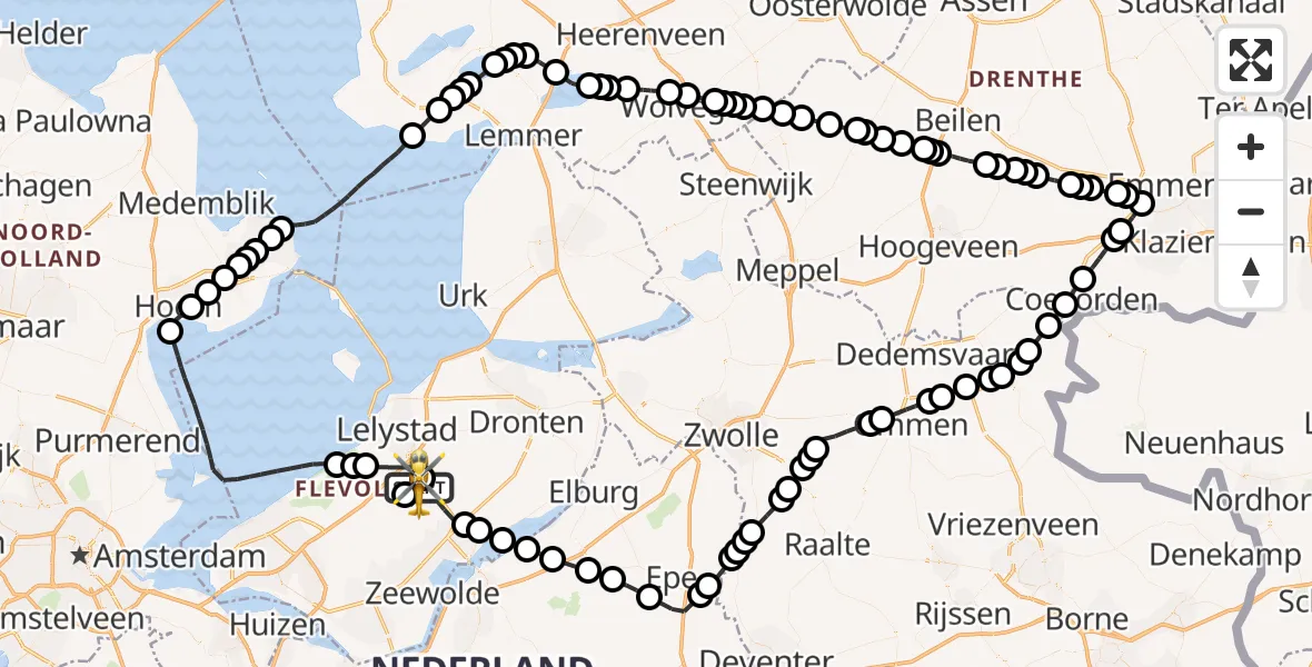 Vluchtroute Traumahelikopter van Lelystad Airport naar Lelystad Airport
