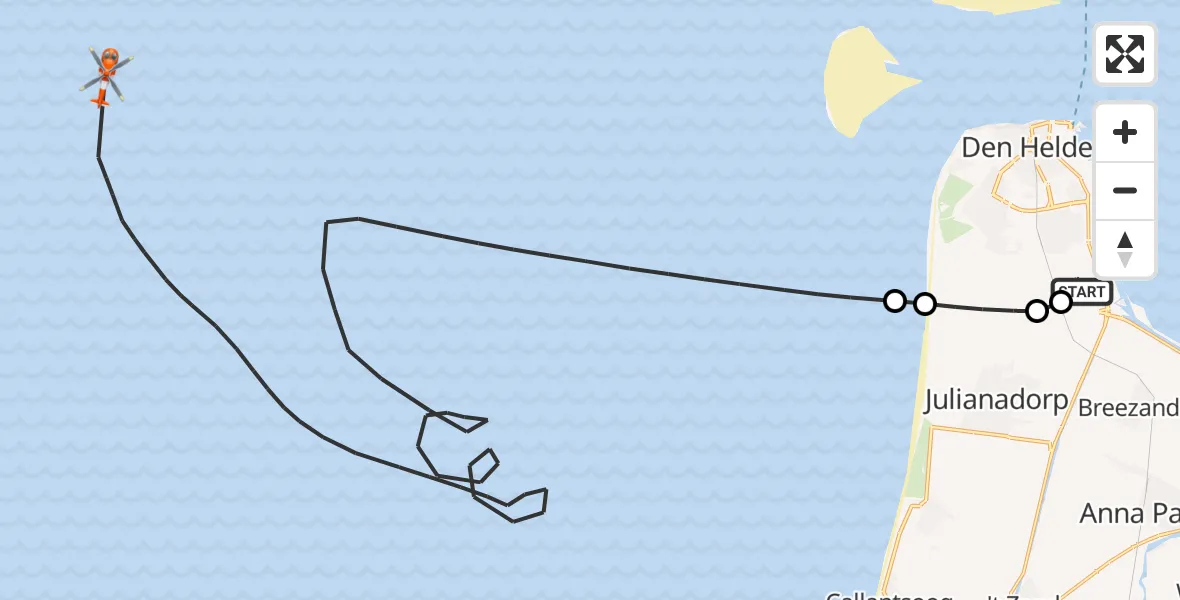 Vluchtroute Kustwachthelikopter van Militair vliegveld De Kooy / Den Helder Airport naar Noordzee