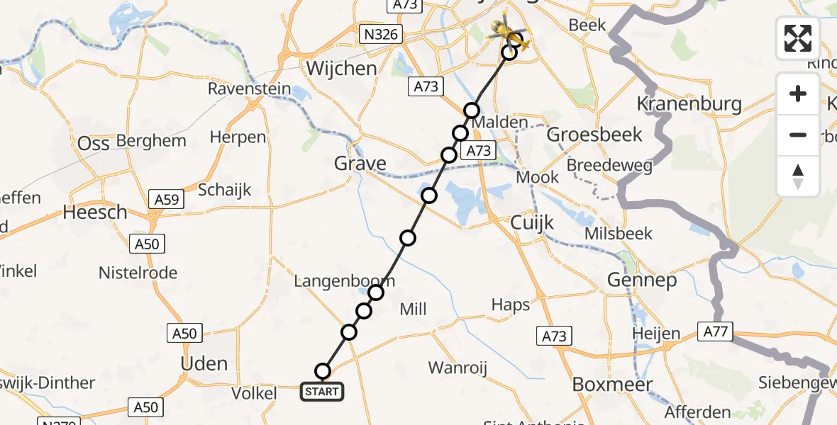Vluchtroute Traumahelikopter van Odiliapeel naar Radboud University Medical Center Heliport