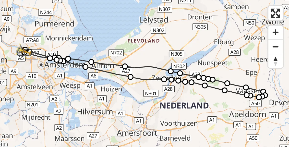 Vluchtroute Traumahelikopter van Amsterdam Heliport naar Amsterdam Heliport
