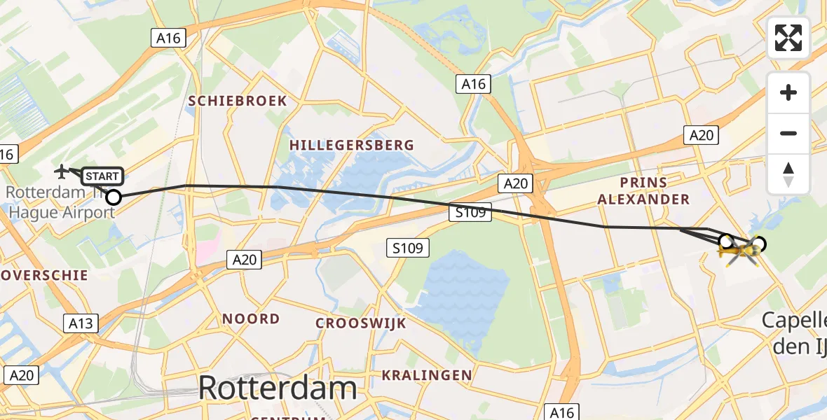 Vluchtroute Traumahelikopter van Rotterdam The Hague Airport naar Capelle aan den IJssel