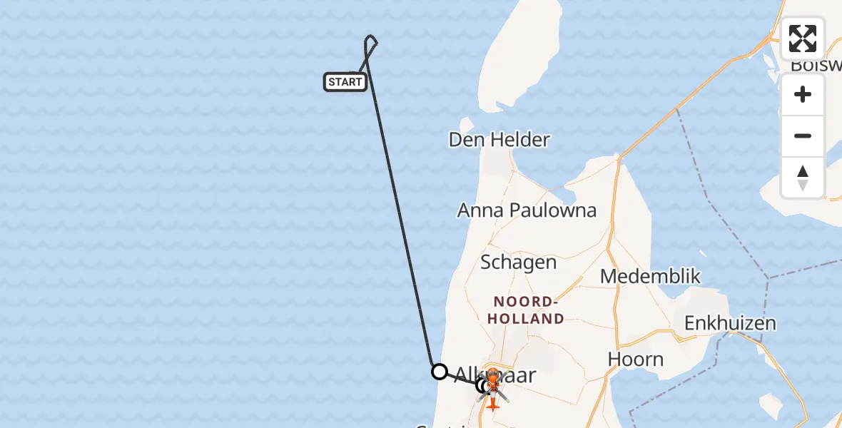 Vluchtroute Kustwachthelikopter van Noordzee naar Alkmaar