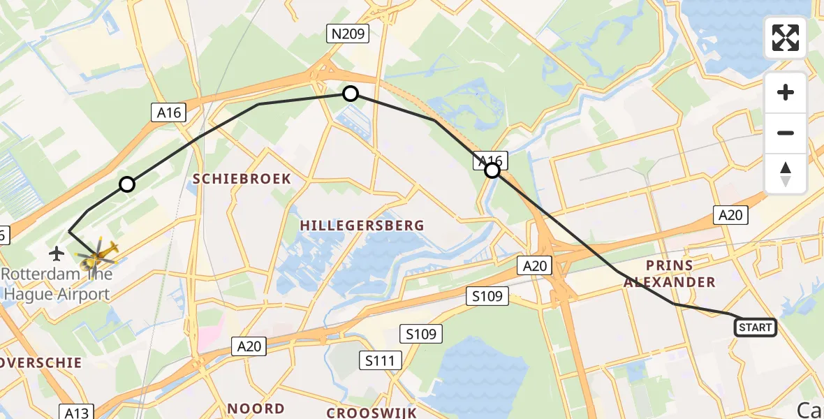 Vluchtroute Traumahelikopter van Rotterdam naar Rotterdam The Hague Airport