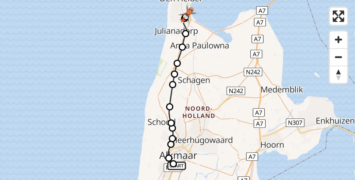 Vluchtroute Kustwachthelikopter van Alkmaar naar Militair vliegveld De Kooy / Den Helder Airport