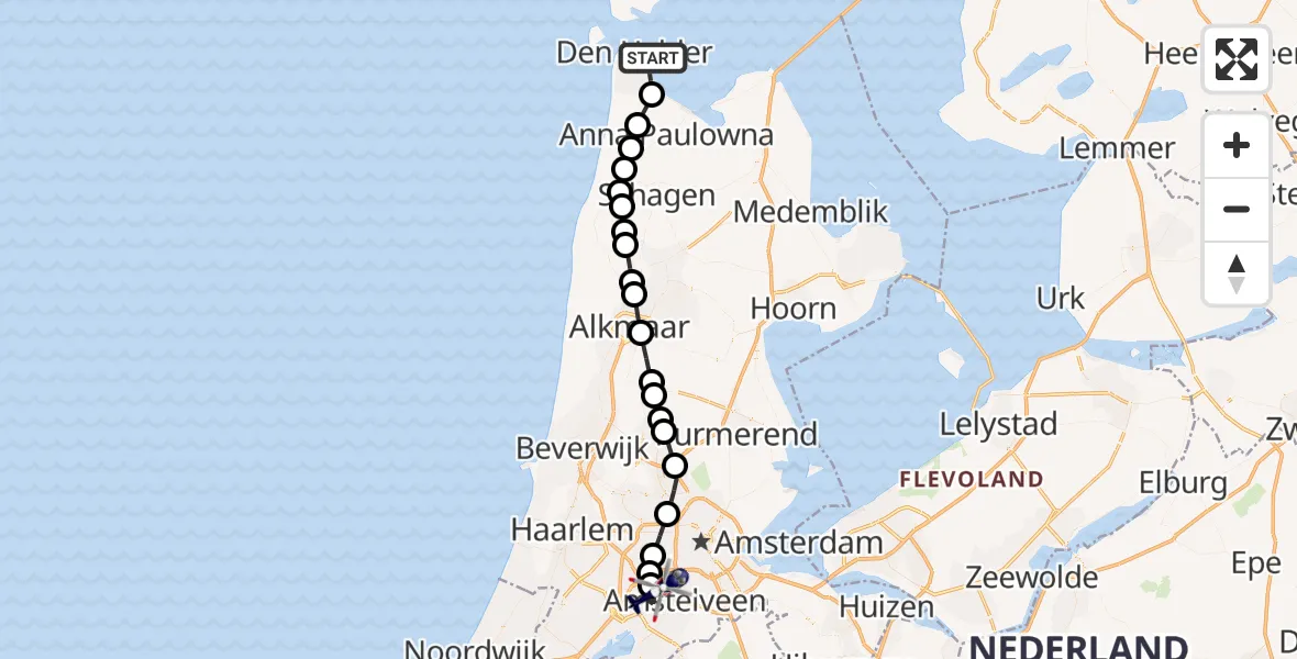 Vluchtroute Politiehelikopter van Den Helder naar Amsterdam Vliegveld Schiphol