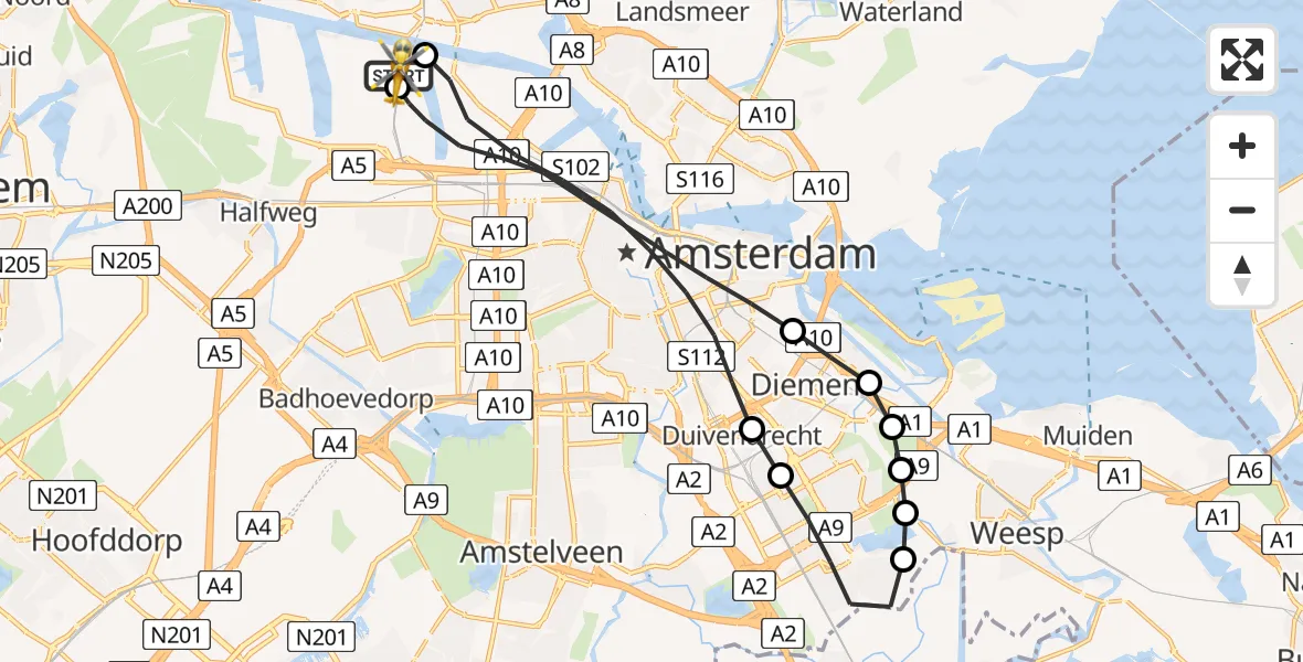Vluchtroute Traumahelikopter van Amsterdam Heliport naar Amsterdam Heliport